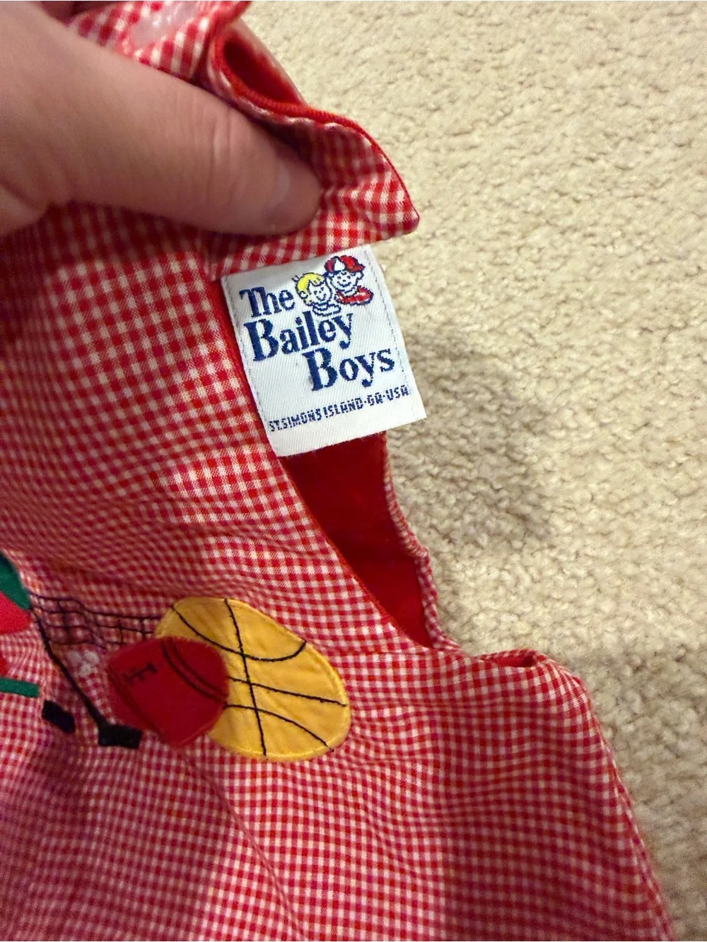 Red Gingham Kids One-Piece Bodysuit with Sports Applique